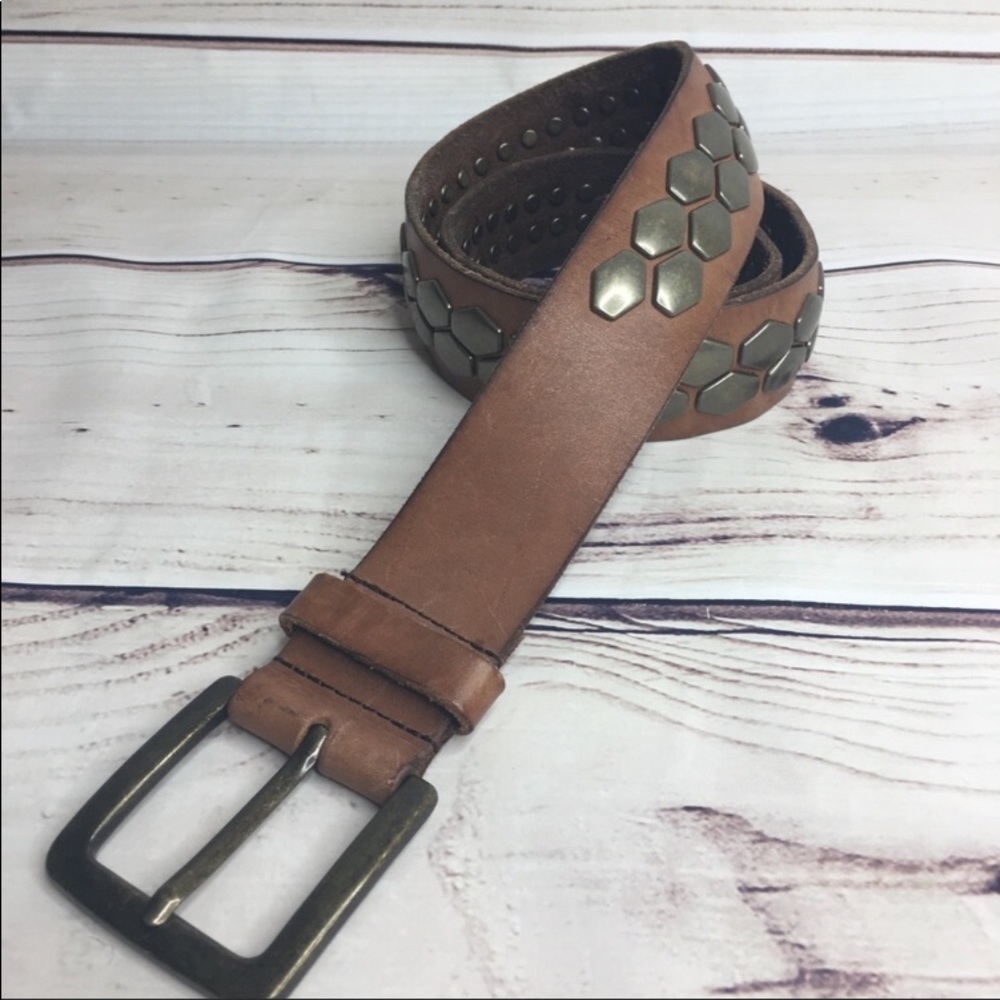 Genuine tan leather belt with brass studs